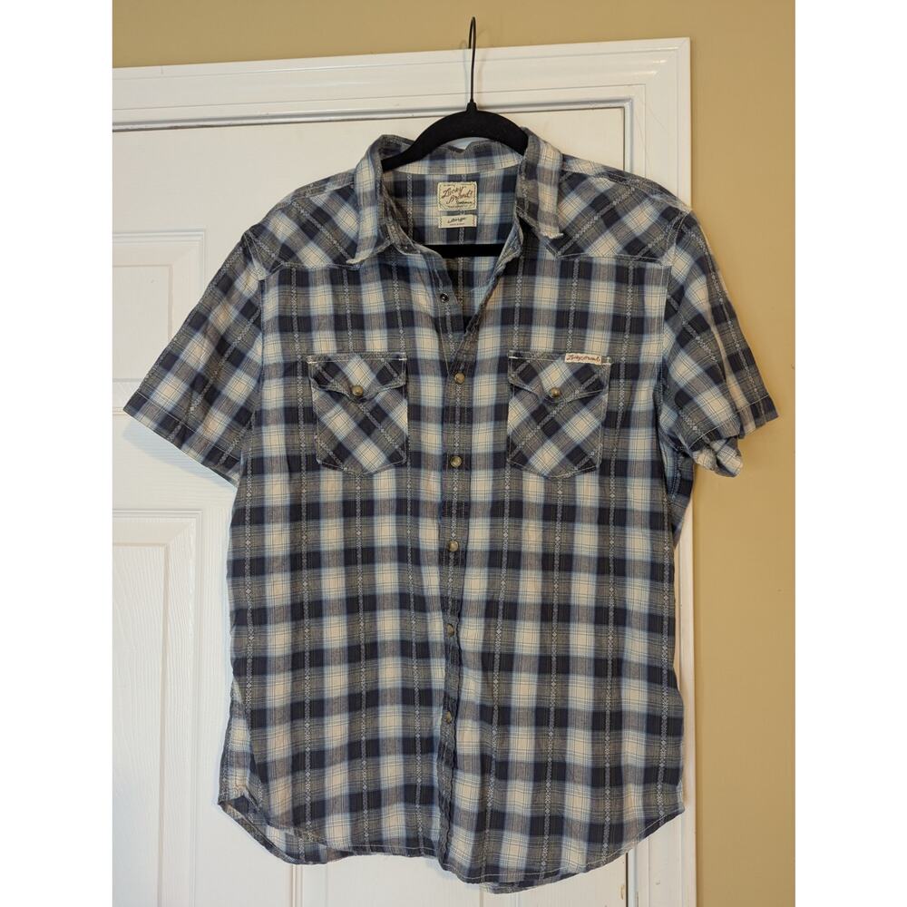 Lucky Brand Plaid Button up Short Sleeve Snap Shirt Size Large Blue Western